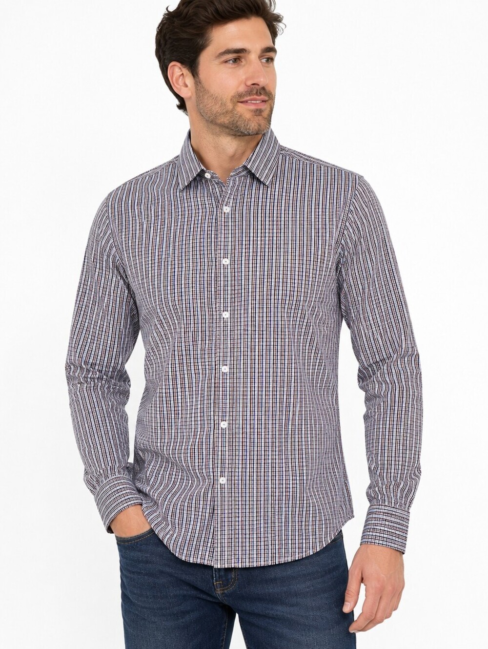 Bugatchi Classic Fit Micro-Check pattern Brown/Blue/White Button Down Shirt - L